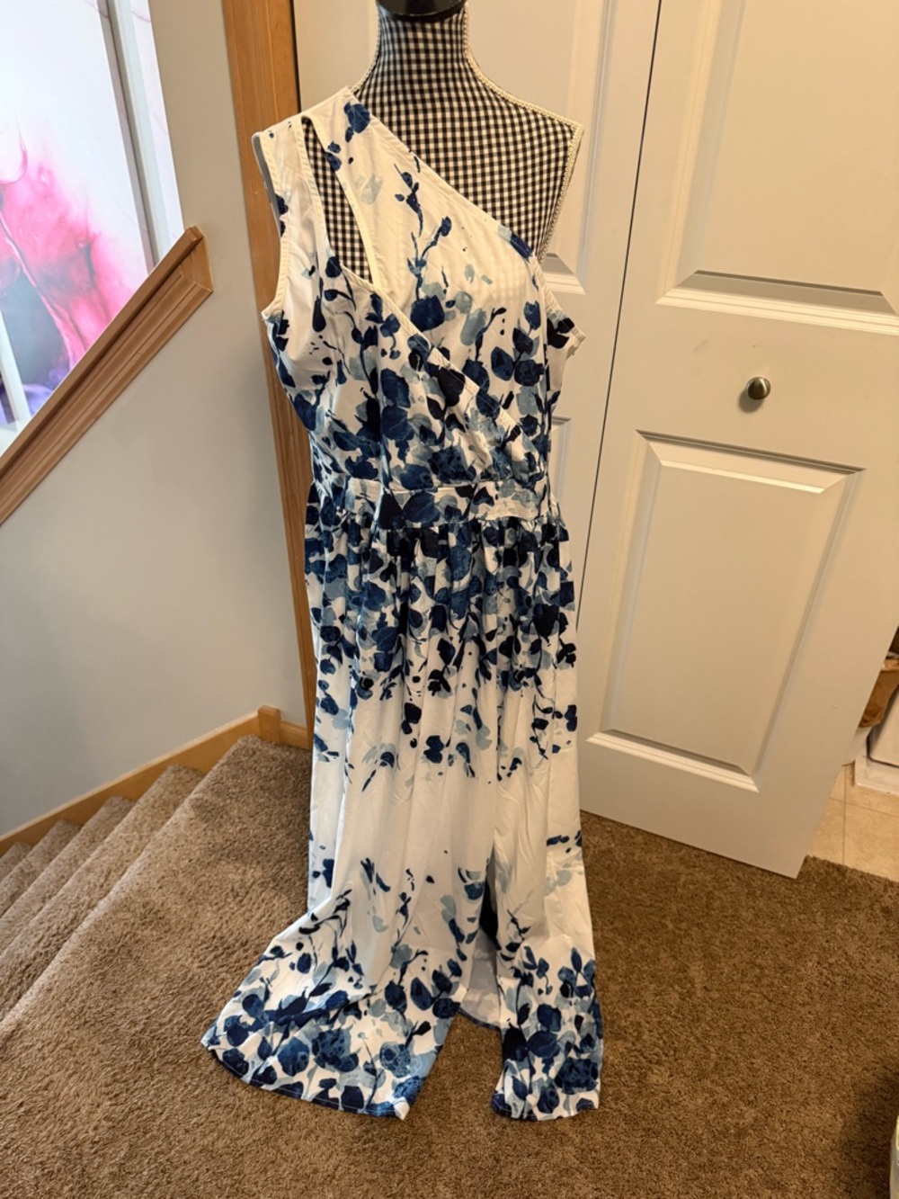 Asymmetrical One-Shoulder Blue Floral Maxi Dress - White/Blue